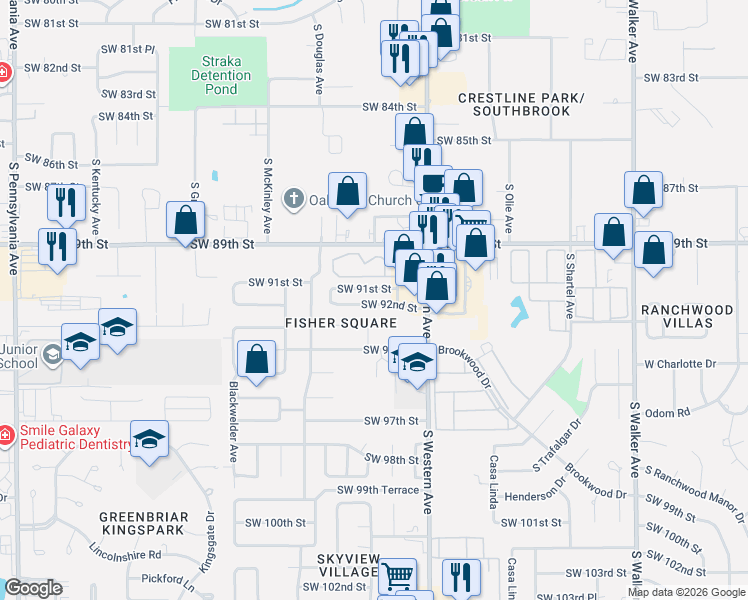 map of restaurants, bars, coffee shops, grocery stores, and more near 1005 Southwest 93rd Street in Oklahoma City
