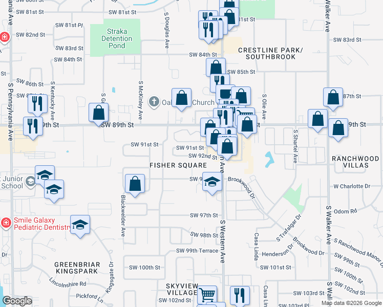 map of restaurants, bars, coffee shops, grocery stores, and more near 1005 Southwest 93rd Street in Oklahoma City