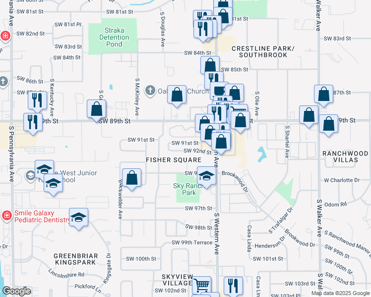 map of restaurants, bars, coffee shops, grocery stores, and more near 1005 Southwest 93rd Street in Oklahoma City