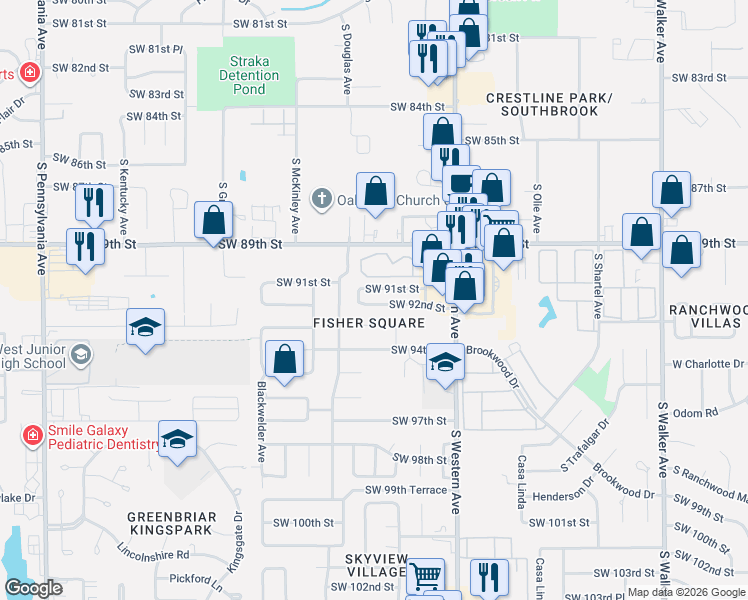 map of restaurants, bars, coffee shops, grocery stores, and more near 1005 Southwest 93rd Street in Oklahoma City