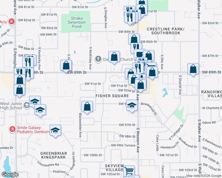map of restaurants, bars, coffee shops, grocery stores, and more near 1033 Southwest 93rd Street in Oklahoma City