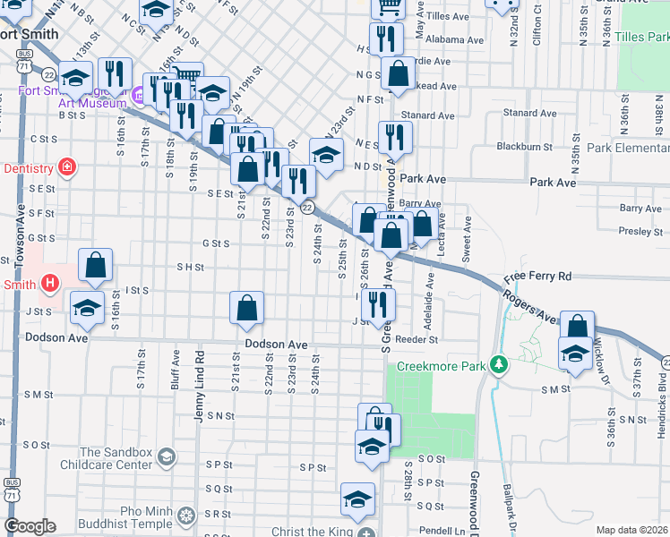 map of restaurants, bars, coffee shops, grocery stores, and more near 901-999 S 25th St in Fort Smith