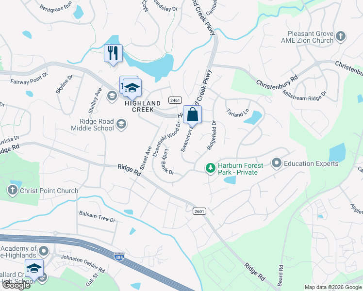 map of restaurants, bars, coffee shops, grocery stores, and more near 5701 Swanston Drive in Charlotte