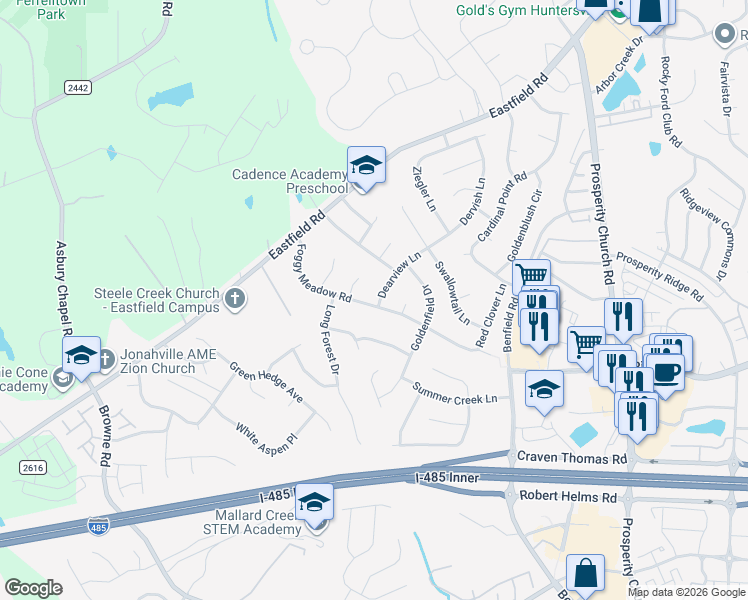 map of restaurants, bars, coffee shops, grocery stores, and more near 9317 Foggy Meadow Road in Charlotte