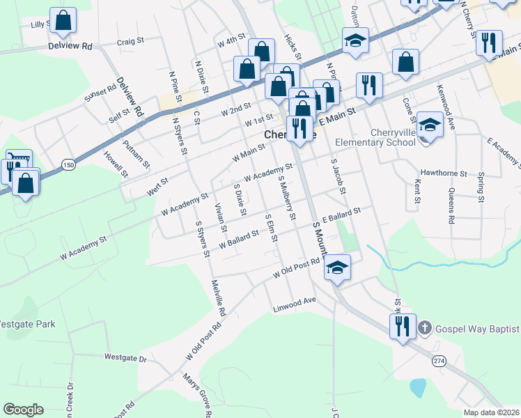 map of restaurants, bars, coffee shops, grocery stores, and more near 302 South Elm Street in Cherryville