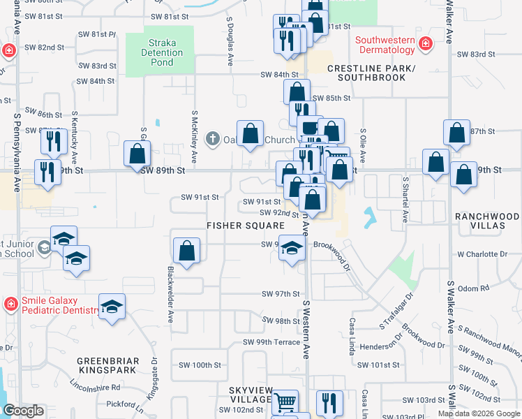 map of restaurants, bars, coffee shops, grocery stores, and more near 1005 Southwest 93rd Street in Oklahoma City