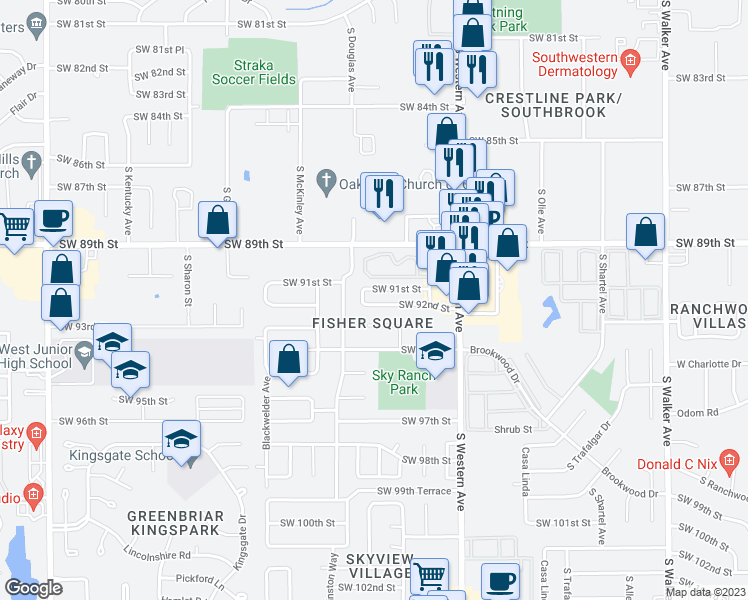 map of restaurants, bars, coffee shops, grocery stores, and more near 1033 Southwest 93rd Street in Oklahoma City