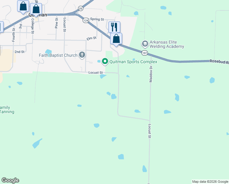 map of restaurants, bars, coffee shops, grocery stores, and more near Locust Street in Quitman