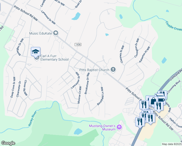 map of restaurants, bars, coffee shops, grocery stores, and more near 5857 Brookstone Drive Northwest in Concord