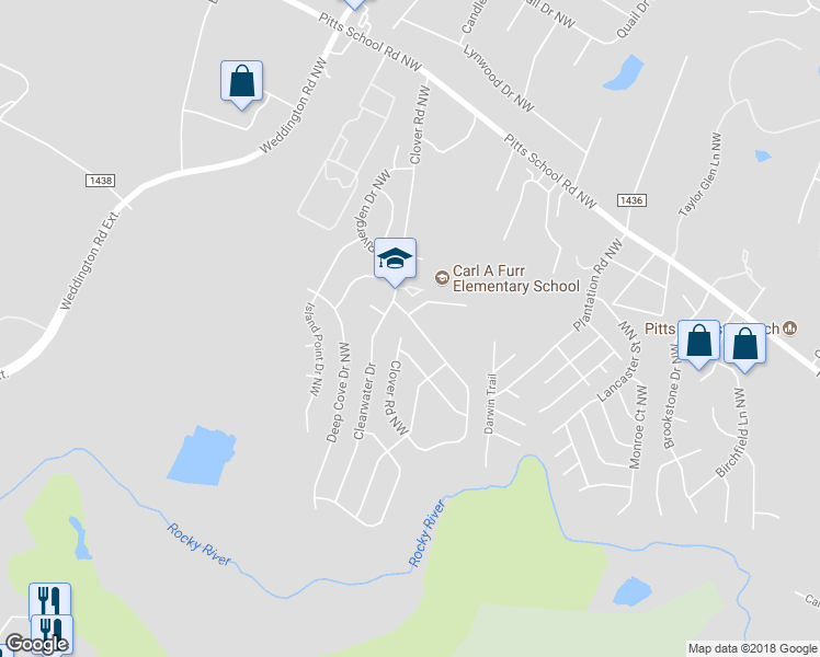 map of restaurants, bars, coffee shops, grocery stores, and more near 4084 Clover Road Northwest in Concord