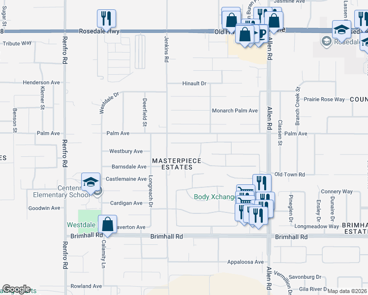 map of restaurants, bars, coffee shops, grocery stores, and more near 13507 Providence Place in Bakersfield