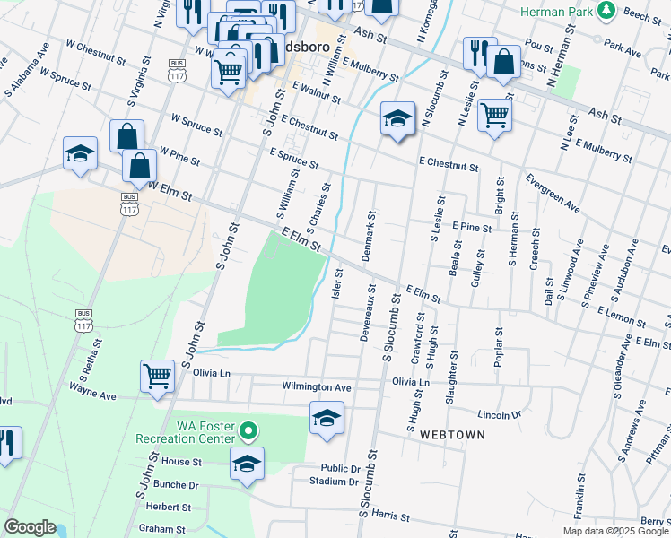 map of restaurants, bars, coffee shops, grocery stores, and more near 607 Isler Street in Goldsboro