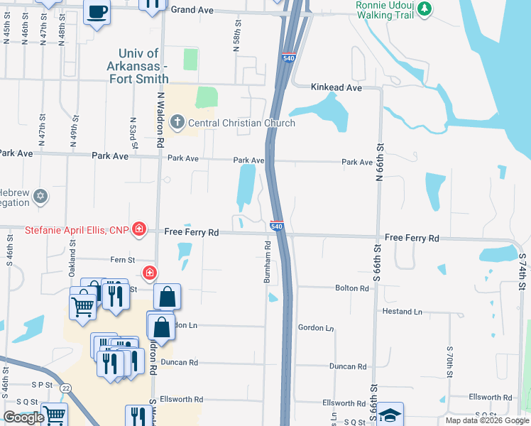 map of restaurants, bars, coffee shops, grocery stores, and more near 5701 Free Ferry Road in Fort Smith