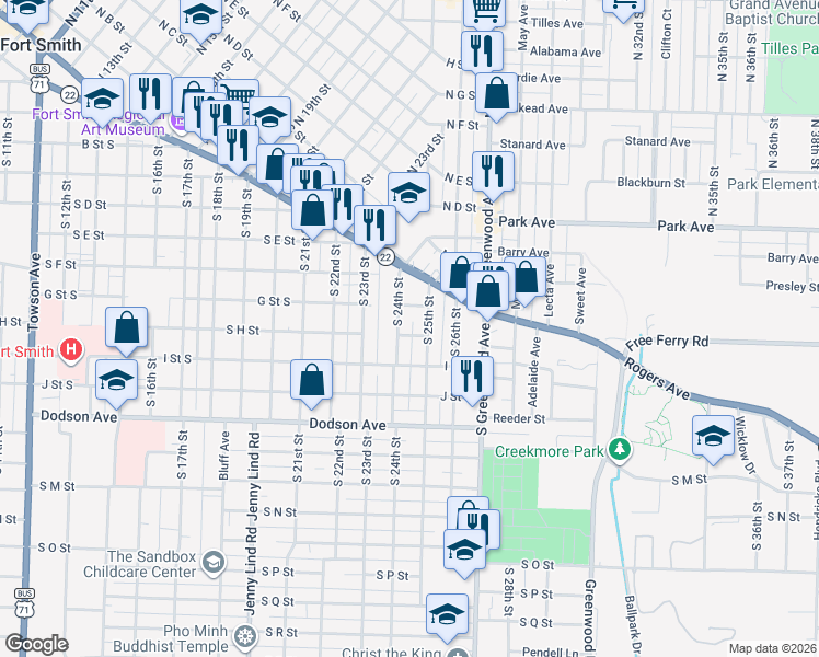 map of restaurants, bars, coffee shops, grocery stores, and more near 2405 South H Street in Fort Smith