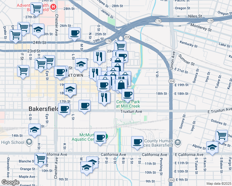 map of restaurants, bars, coffee shops, grocery stores, and more near 701 19th Street in Bakersfield