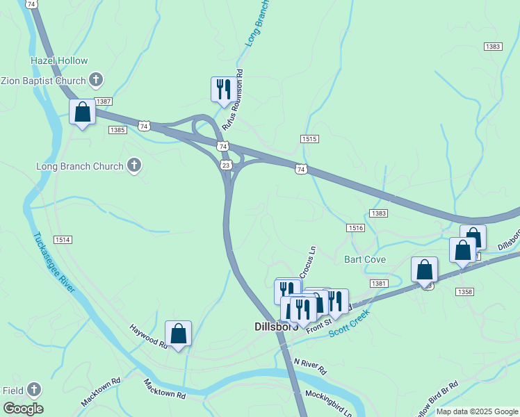 map of restaurants, bars, coffee shops, grocery stores, and more near 555 Jarrett Hills Road in Sylva