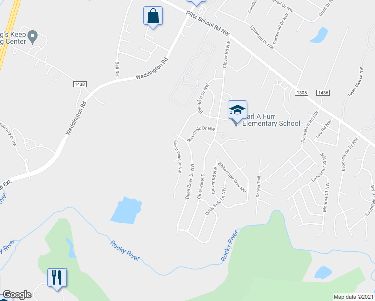 map of restaurants, bars, coffee shops, grocery stores, and more near 2882 Deep Cove Drive Northwest in Concord