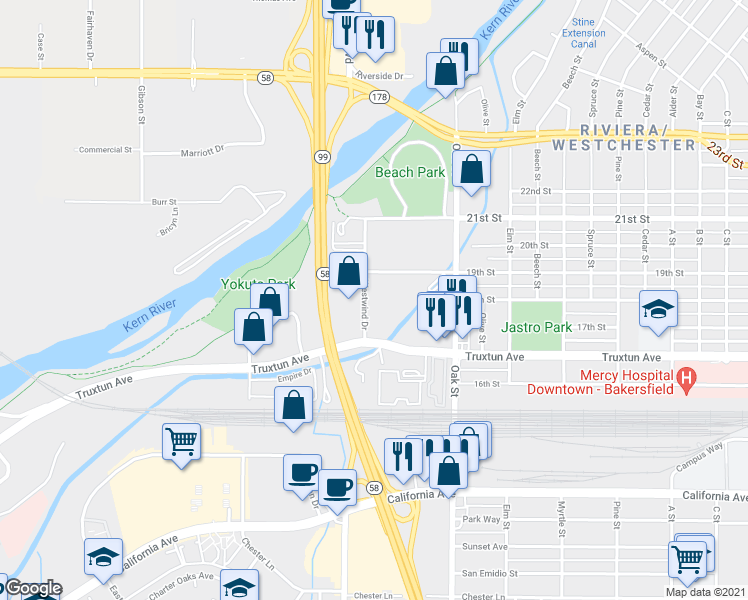 map of restaurants, bars, coffee shops, grocery stores, and more near 3315 19th Street in Bakersfield