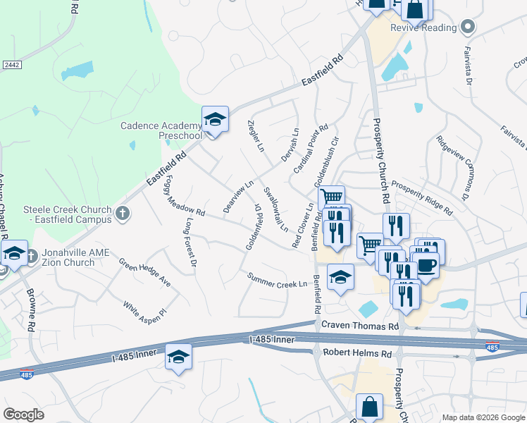 map of restaurants, bars, coffee shops, grocery stores, and more near 6340 Goldenfield Drive in Charlotte