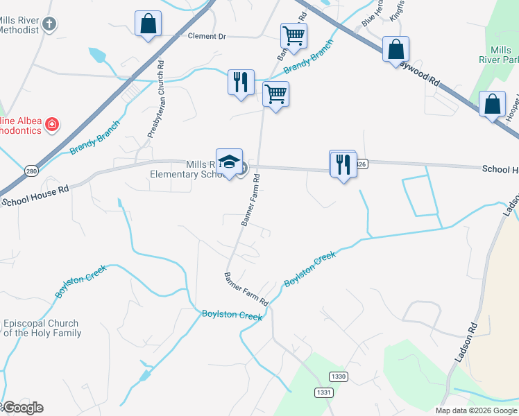 map of restaurants, bars, coffee shops, grocery stores, and more near 303 County Road 1331 in Mills River