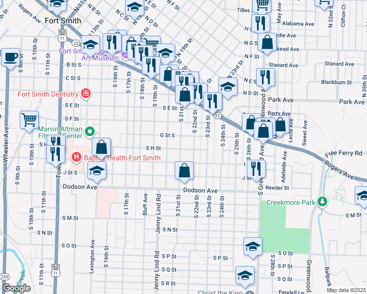 map of restaurants, bars, coffee shops, grocery stores, and more near 2111 G Street South in Fort Smith