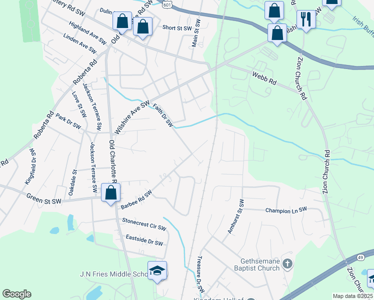 map of restaurants, bars, coffee shops, grocery stores, and more near 614 Faith Drive Southwest in Concord
