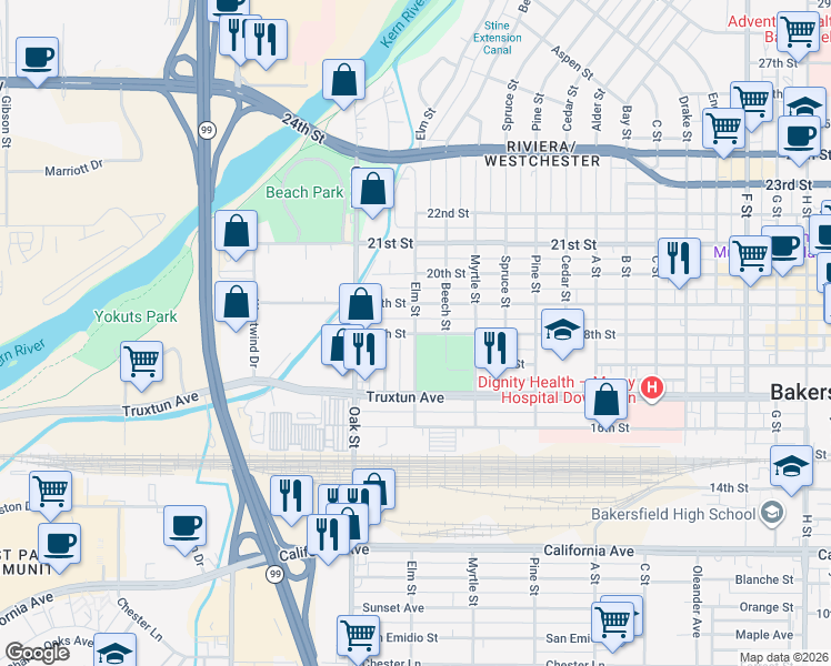 map of restaurants, bars, coffee shops, grocery stores, and more near 2998 18th Street in Bakersfield
