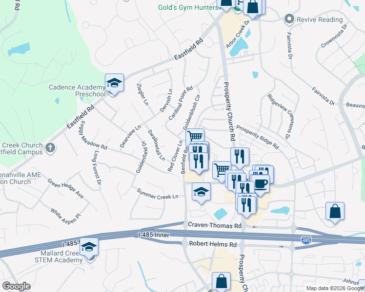 map of restaurants, bars, coffee shops, grocery stores, and more near 6240 Red Clover Lane in Charlotte