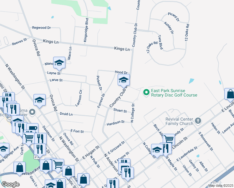 map of restaurants, bars, coffee shops, grocery stores, and more near 1006 Forrest Drive in Tullahoma