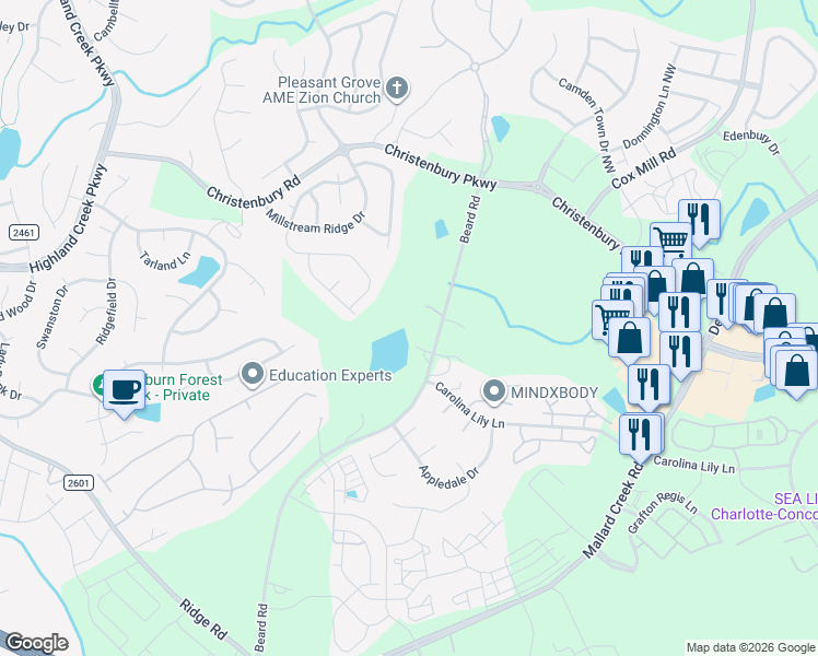 map of restaurants, bars, coffee shops, grocery stores, and more near 3601 Beard Road in Charlotte