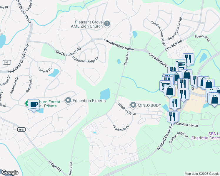 map of restaurants, bars, coffee shops, grocery stores, and more near 3601 Beard Road in Charlotte