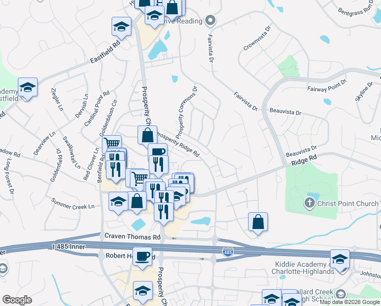 map of restaurants, bars, coffee shops, grocery stores, and more near 4955 Prosperity Ridge Road in Charlotte