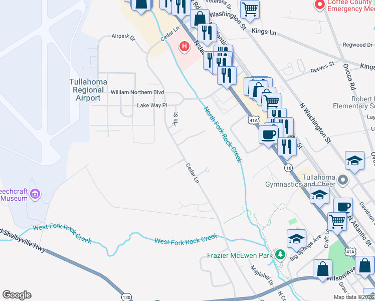 map of restaurants, bars, coffee shops, grocery stores, and more near 1310 Cedar Lane in Tullahoma