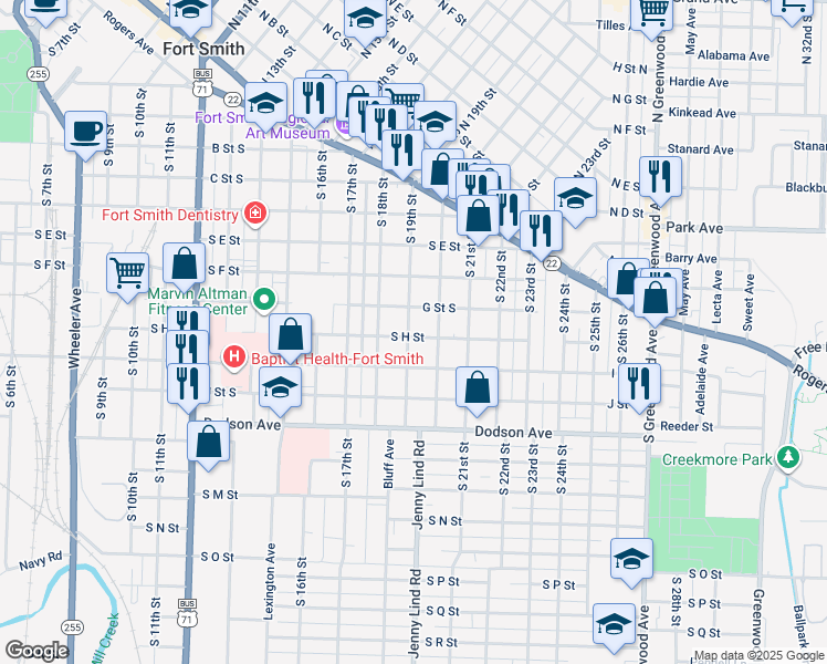 map of restaurants, bars, coffee shops, grocery stores, and more near 800 South 19th Street in Fort Smith