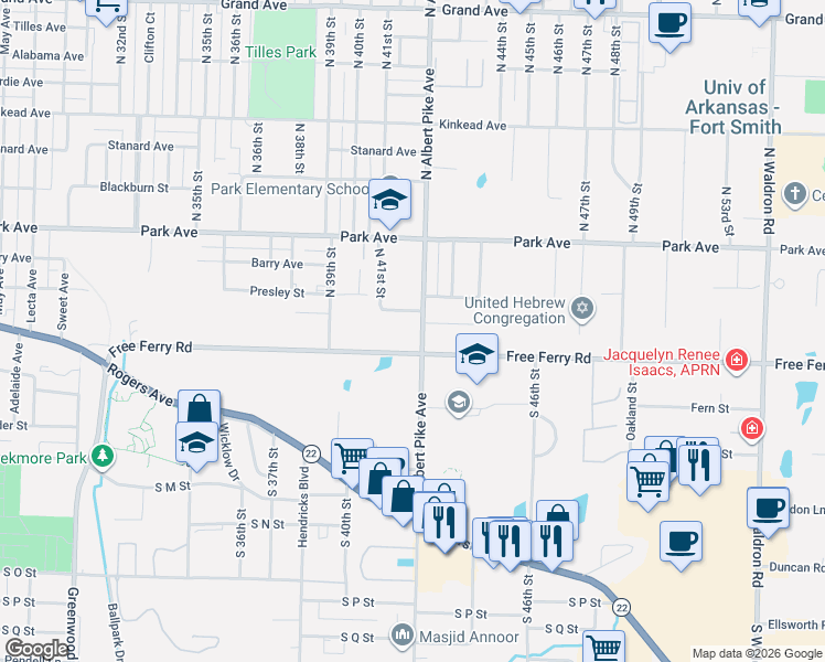 map of restaurants, bars, coffee shops, grocery stores, and more near 135 North Albert Pike Avenue in Fort Smith