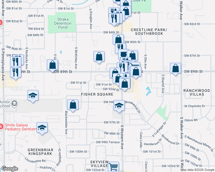 map of restaurants, bars, coffee shops, grocery stores, and more near 1009 Southwest 91st Street in Oklahoma City