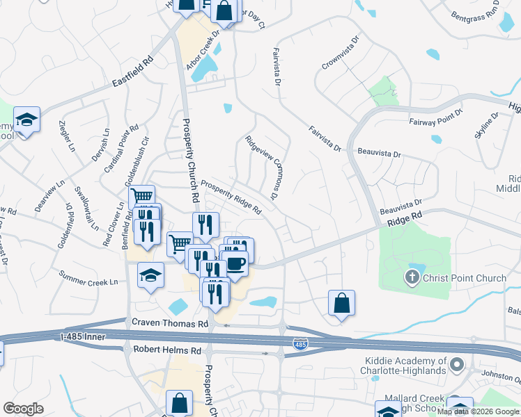 map of restaurants, bars, coffee shops, grocery stores, and more near 5037 Prosperity Ridge Road in Charlotte