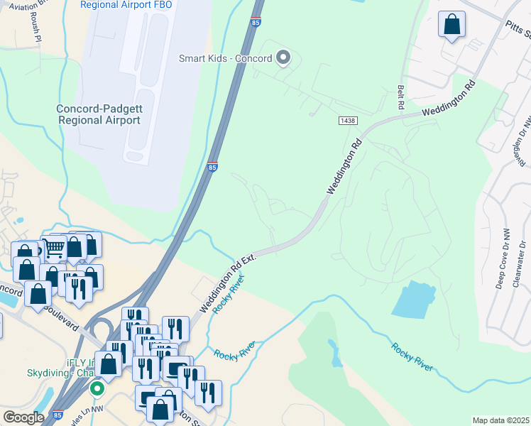 map of restaurants, bars, coffee shops, grocery stores, and more near 8665 Waterlynn Circle Northwest in Concord