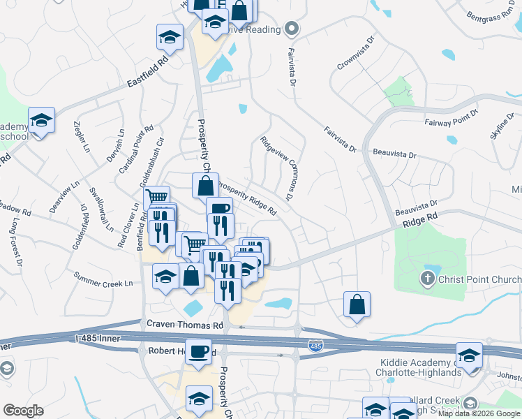 map of restaurants, bars, coffee shops, grocery stores, and more near 4955 Prosperity Ridge Road in Charlotte