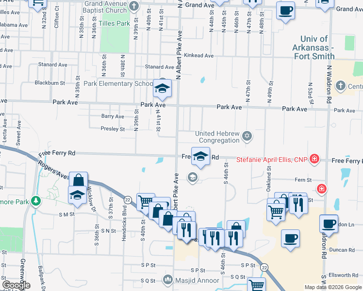 map of restaurants, bars, coffee shops, grocery stores, and more near 4208 Free Ferry Lane in Fort Smith