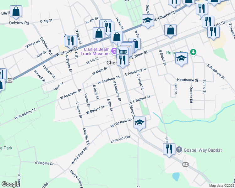 map of restaurants, bars, coffee shops, grocery stores, and more near 202 West Carroll Street in Cherryville