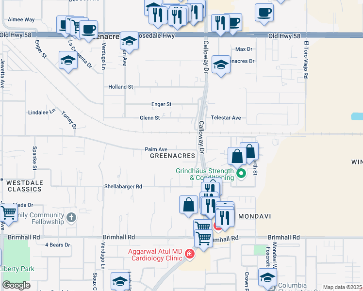map of restaurants, bars, coffee shops, grocery stores, and more near 9824 Palm Avenue in Bakersfield