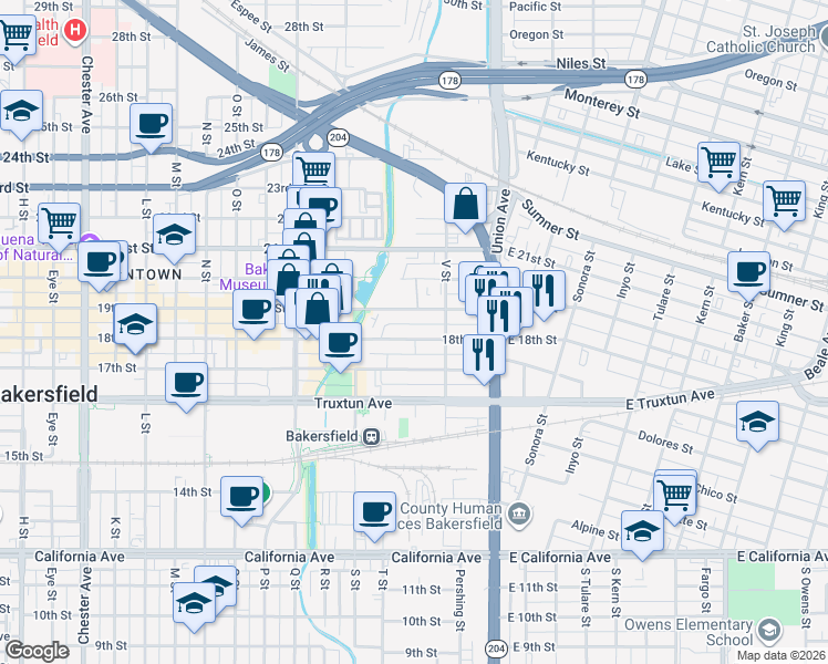 map of restaurants, bars, coffee shops, grocery stores, and more near 321 19th Street in Bakersfield