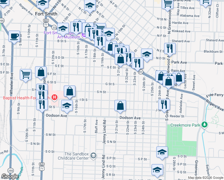 map of restaurants, bars, coffee shops, grocery stores, and more near 801 Saint 20th Street in Fort Smith