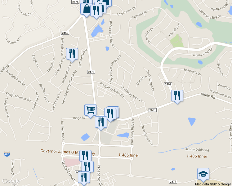 map of restaurants, bars, coffee shops, grocery stores, and more near 5024 Prosperity Ridge Road in Charlotte