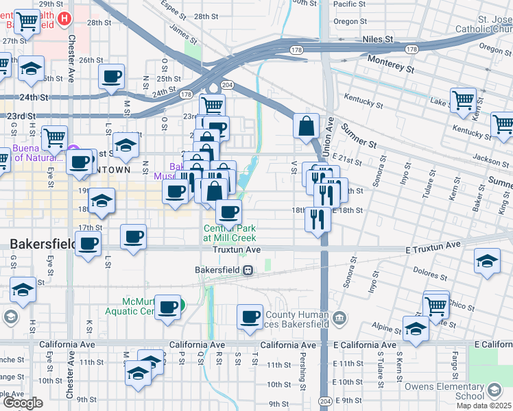 map of restaurants, bars, coffee shops, grocery stores, and more near 429 19th Street in Bakersfield