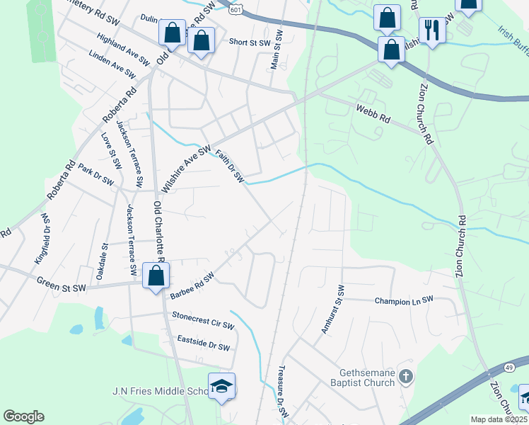 map of restaurants, bars, coffee shops, grocery stores, and more near 616 Faith Drive Southwest in Concord