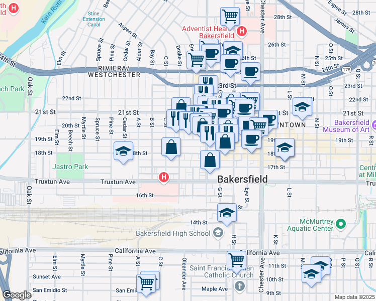 map of restaurants, bars, coffee shops, grocery stores, and more near 2011 19th Street in Bakersfield