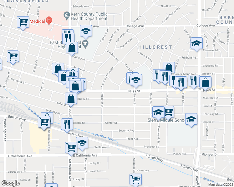 map of restaurants, bars, coffee shops, grocery stores, and more near 2602 Niles Street in Bakersfield