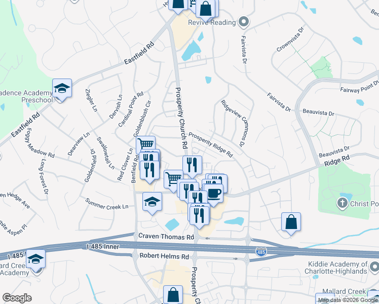 map of restaurants, bars, coffee shops, grocery stores, and more near 6154 Prosperity Church Road in Charlotte